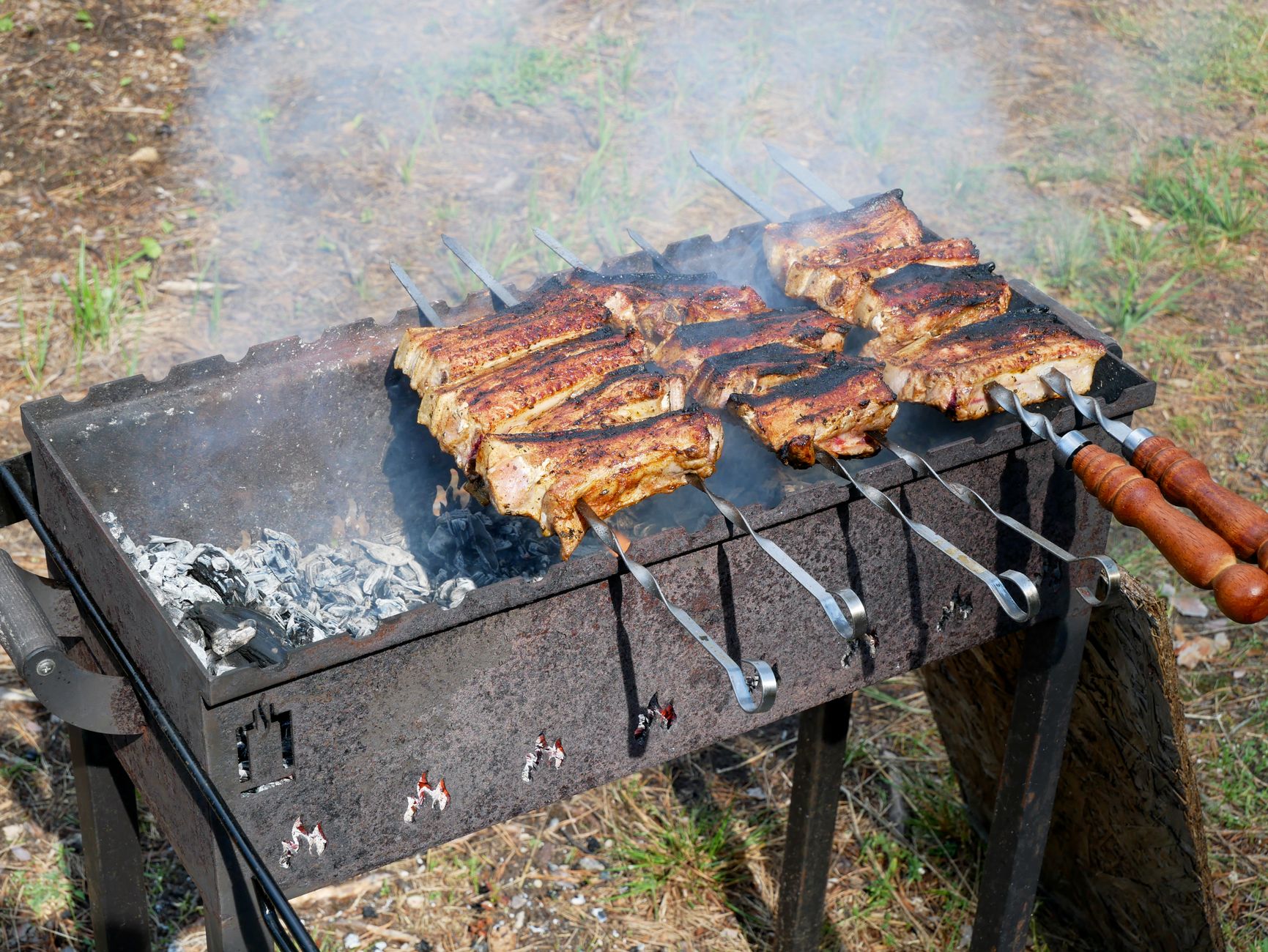 Szaszłyki piekące się na węglowym grillu na świeżym powietrzu